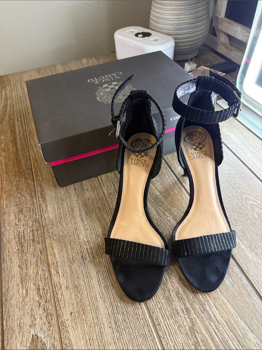Vince Camuto Black Ankle-Strap Open-Toe Heels